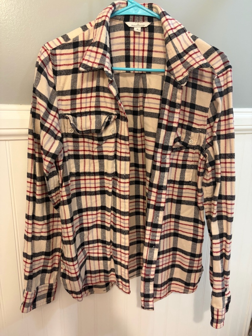 L.L. Bean Cream Plaid Button-Front Shirt Jacket with Black & Red Checks